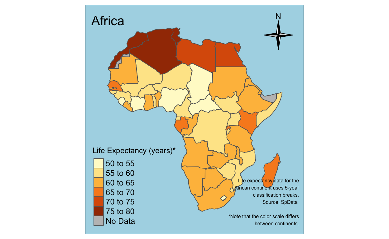 Map of life expectancy for African countries. Life expectancy is visualized with five-year increments.