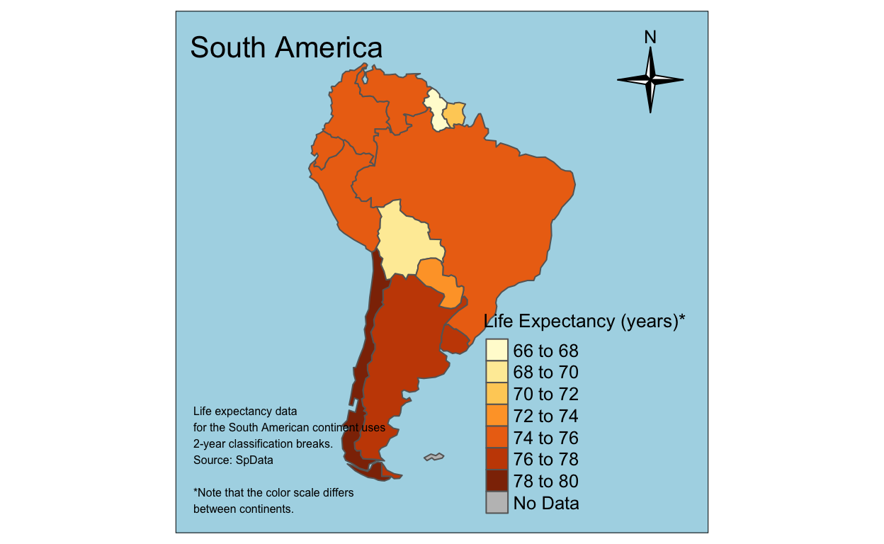 Map of life expectancy for South American countries. Life expectancy is visualized with two-year increments.