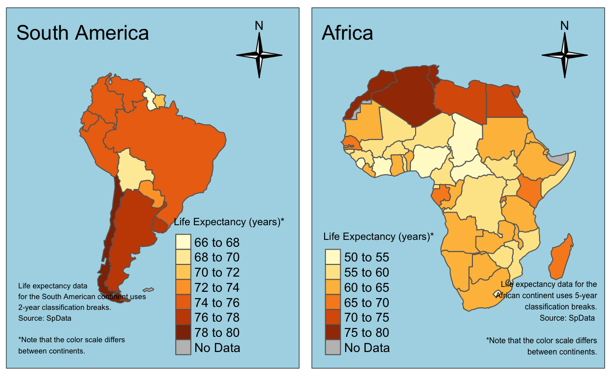 A figure comparing life expectancy between South America and Africa. South America is visualized with two-year increments, while Africa is visualized with 5-year increments.